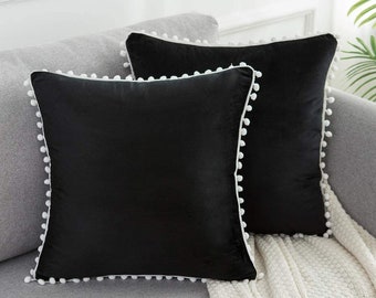 Set of 2 Soft Velvet Black Pillow Covers 18x18 Inch Square Decorative Cute Pom Poms Throw Pillow Covers Cushion Case for Sofa CouchHomeDecor