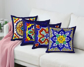 Set of 4 Linen Throw Pillow Covers Spanish Talavera Exotic Geometry Dark Retro Ethnic Home Decorative 18"x18" Flax Pillow Cases Cushion