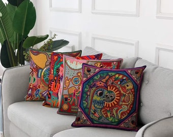 Pillow Covers Boho Home Decor Set of 4 Pillow Cases Decorative for Bed Sofa Cushion Couch Outdoor Pillowcases (Colorful Mexican) Sofa,Chair