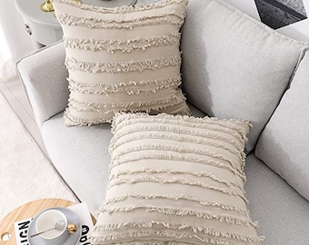 Set of 2  Beige 18x18 Throw Pillow Covers ,Decorative Linen Striped Jacquard Pattern Cushion Covers ,Sofa Couch Living Room Bedroom Cushion