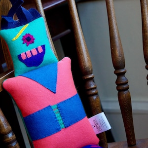 Shuffle, A Big Pink, Green, and Blue Joyful Monster - Wool Felt Stuffie - Plushie - Stuffed Toy - Appliqué - Embroidery - Creature