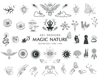 Magic Nature vector icon set. Celestial Mystical clip art. Yoga logo creator. Boho, Moon, stars, Hands, eye and many elements. SVG + PNG