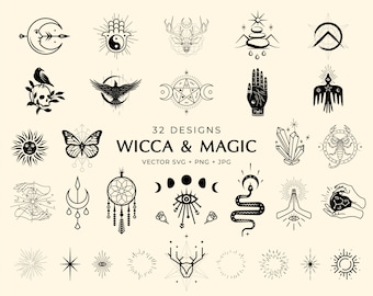 Wicca, Magic Celestial vector icon set. Mystic witch clip art. Esoteric logo creator. Moon, sun burst, Hands, eye & many elements. SVG + PNG