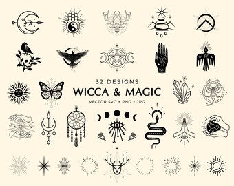 Wicca, Magic Celestial vector icon set. Mystic witch clip art. Esoteric logo creator. Moon, sun burst, Hands, eye & many elements. SVG + PNG