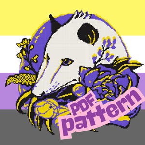 May include: A digital PDF pattern featuring a pixelated opossum design with a non-binary pride flag background. The opossum is white with black accents, surrounded by purple and yellow flowers. The text "PDF pattern" is overlaid in pink.