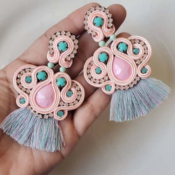 Handmade soutache earrings, bohemian earrings, with tassels, pink, green, gray, blue earring