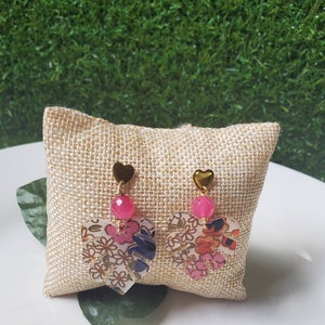 Handmade earrings • polished acrylic earring • gold-plated hypoallergenic • stainless steel earring • natural agate • rose resin stone