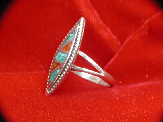 Sterling Silver,Turquoise and Coral Inlay Marquis… - image 2