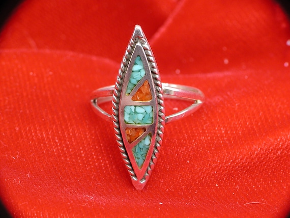 Sterling Silver,Turquoise and Coral Inlay Marquis… - image 1