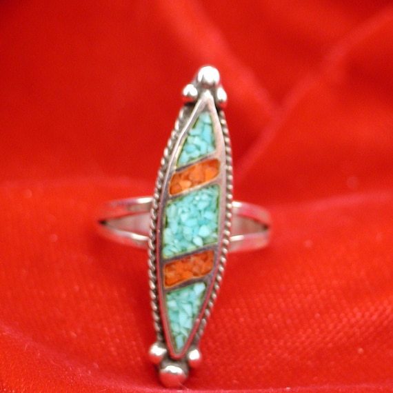 Sterling Silver,Turquoise and Coral Inlay Marquis… - image 1