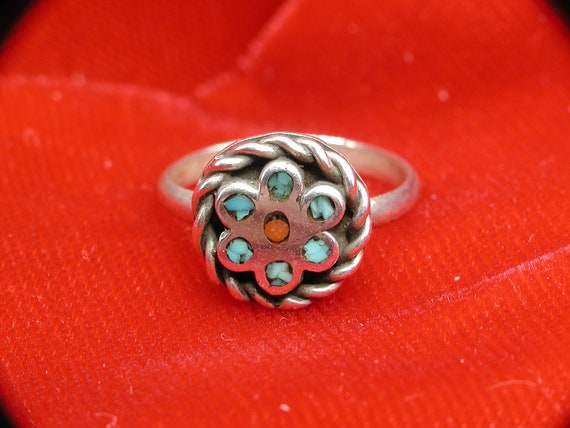 Sterling Silver,Turquoise and Coral Inlay Flower … - image 1