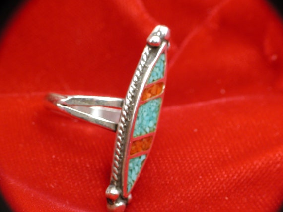 Sterling Silver,Turquoise and Coral Inlay Marquis… - image 3
