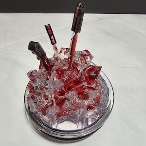 Horror Movie Bloody knife hatchet on fake ice 3D Ice LID ONLY for 20oz Skinny Straight Tumbler, Tumbler Topper HOT Unique   Removable Topper