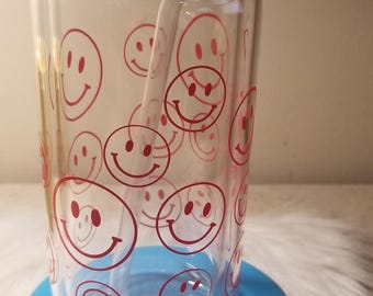 Smiley Face Beer Can Glass, Bamboo Lid & Straw