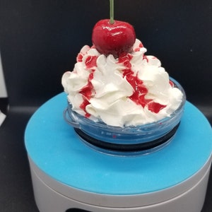 3D faux whipped cream lid topper with cherry and strawberry Dripping