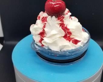 3D faux whipped cream lid topper with cherry and strawberry Dripping
