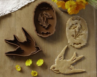 Set of 4 pieces ~ 2 Cookie Cutters and 2 Stamps  ~ Swallow ~ Camafeo ~ Spring ~ Fairycore ~ Cottagecore ~ Celebrate ~ Flowers ~ Spring