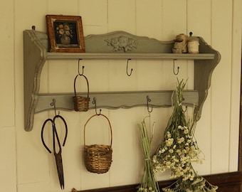 Wooden Hanging Shelf Coat Hooks "Forget-me-not" ~ Cottagecore Inspired ~ 100% Old Reclaimed Wood ~ Handmade ~