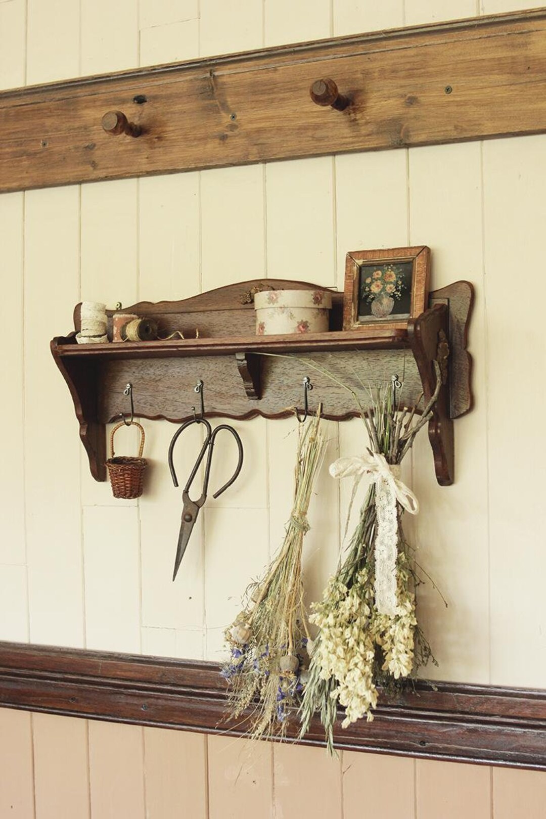 Wooden Hanging Shelf With Coat Hooks ~ Cottagecore Inspired ~ 100% Old ...