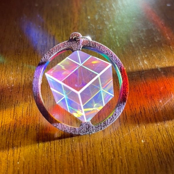 Dichroic prism rainbow cube spinning pendant in wood