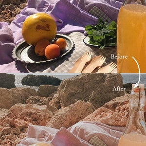 May include: A picnic scene on a rocky beach with a purple blanket, a glass bottle of juice, a plate of fruit, and wooden forks. The image is split in half, with the top half showing the scene before editing and the bottom half showing the scene after editing.