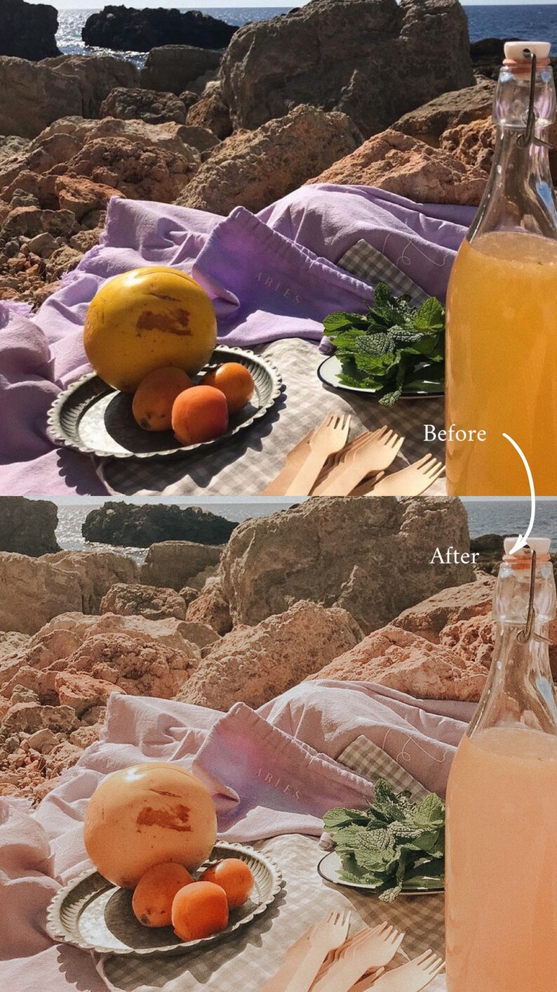 May include: A picnic scene on a rocky beach with a purple blanket, a glass bottle of juice, a plate of fruit, and wooden forks. The image is split in half, with the top half showing the scene before editing and the bottom half showing the scene after editing.