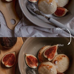 May include: A close-up of a bowl of white, round dumplings topped with powdered sugar and fresh fig slices. The bowl is on a striped tablecloth with a wooden cutting board and whole figs in the background.