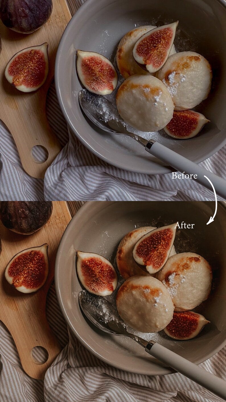 May include: A close-up of a bowl of white, round dumplings topped with powdered sugar and fresh fig slices. The bowl is on a striped tablecloth with a wooden cutting board and whole figs in the background.