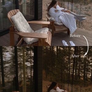 May include: A woman in a white robe sits in a wooden chair on a porch with a view of a forest. She is looking at her phone. There is a cup of tea on a small table next to her. The text "Before" and "After" are written on the image.