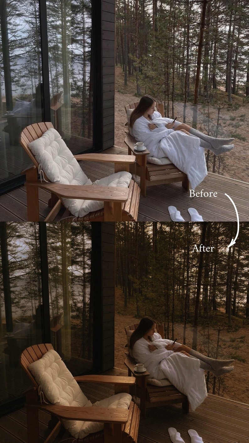May include: A woman in a white robe sits in a wooden chair on a porch with a view of a forest. She is looking at her phone. There is a cup of tea on a small table next to her. The text "Before" and "After" are written on the image.