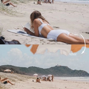 May include: A woman in a white bikini lays on a beach towel reading a book. The beach is sandy with a clear blue sky and ocean in the background. There are other people in the distance.
