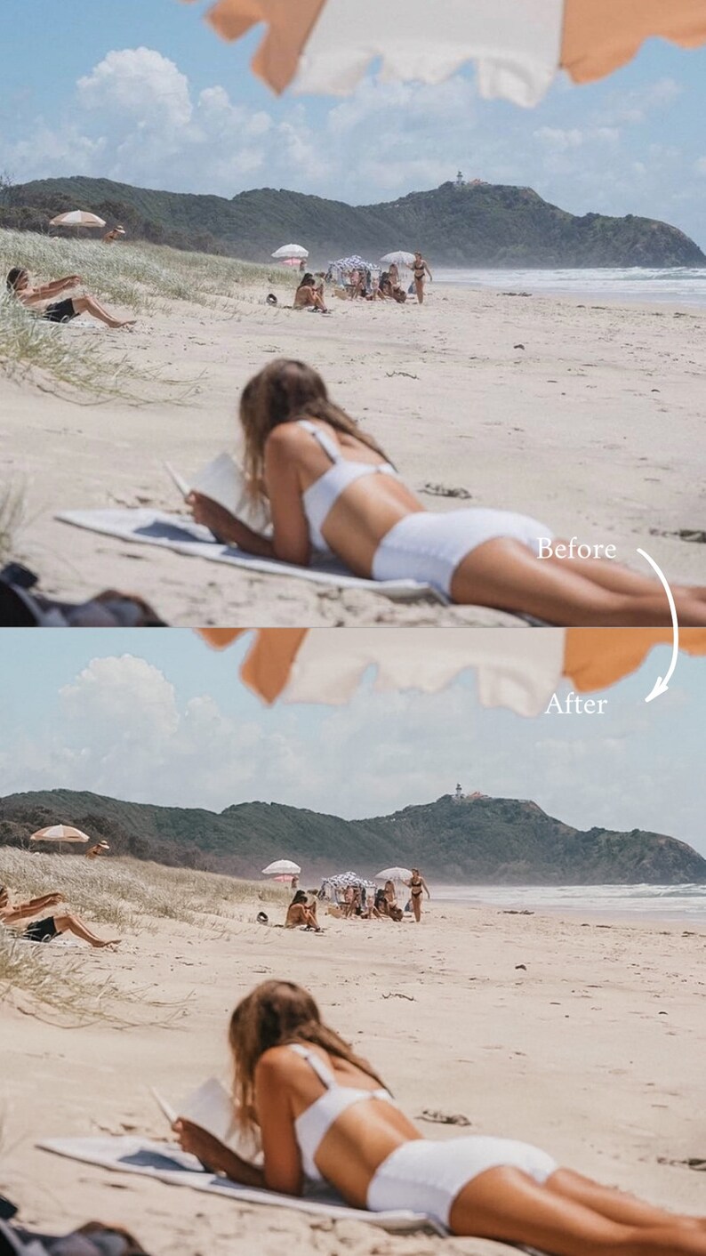 May include: A woman in a white bikini lays on a beach towel reading a book. The beach is sandy with a clear blue sky and ocean in the background. There are other people in the distance.