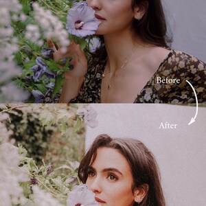May include: A woman in a floral dress is smelling a purple flower. The image is split in half, with the top half showing the woman before editing and the bottom half showing the woman after editing. The text "Before" and "After" are written on the image.