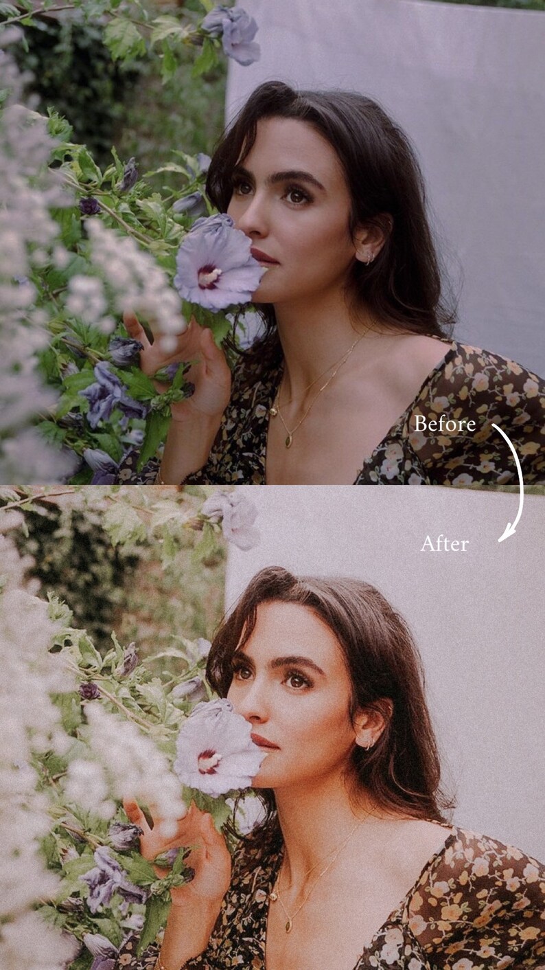 May include: A woman in a floral dress is smelling a purple flower. The image is split in half, with the top half showing the woman before editing and the bottom half showing the woman after editing. The text "Before" and "After" are written on the image.