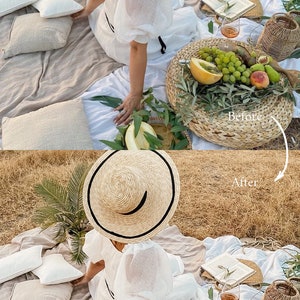 Op de afbeelding: Een vrouw in een witte jurk en een strohoed zit op een deken met een rieten mand vol fruit en een glas wijn. De deken ligt op een grasveld. De afbeelding is in twee delen gesplitst, met de linkerkant met "Voor" en de rechterkant met "Na" beschreven.