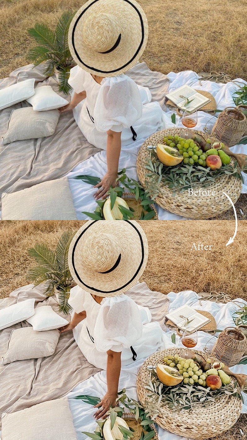 Op de afbeelding: Een vrouw in een witte jurk en een strohoed zit op een deken met een rieten mand vol fruit en een glas wijn. De deken ligt op een grasveld. De afbeelding is in twee delen gesplitst, met de linkerkant met "Voor" en de rechterkant met "Na" beschreven.