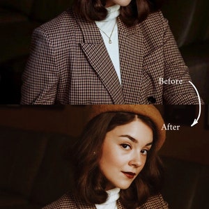 May include: A woman wearing a brown beret and a brown and white plaid blazer with a white turtleneck underneath. She is wearing a silver necklace with a small pendant. The image shows a before and after comparison of the woman's skin tone.