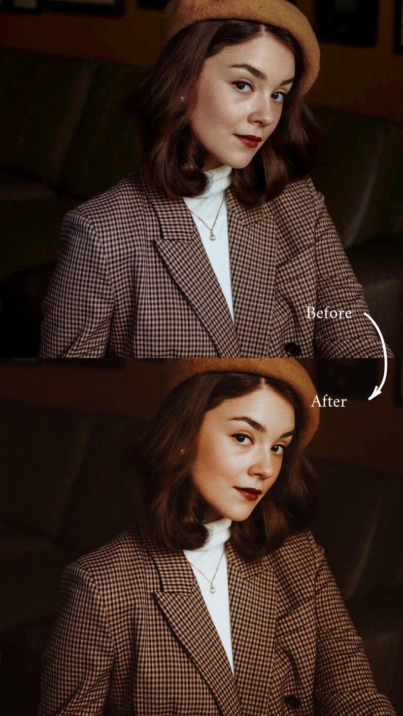 May include: A woman wearing a brown beret and a brown and white plaid blazer with a white turtleneck underneath. She is wearing a silver necklace with a small pendant. The image shows a before and after comparison of the woman's skin tone.