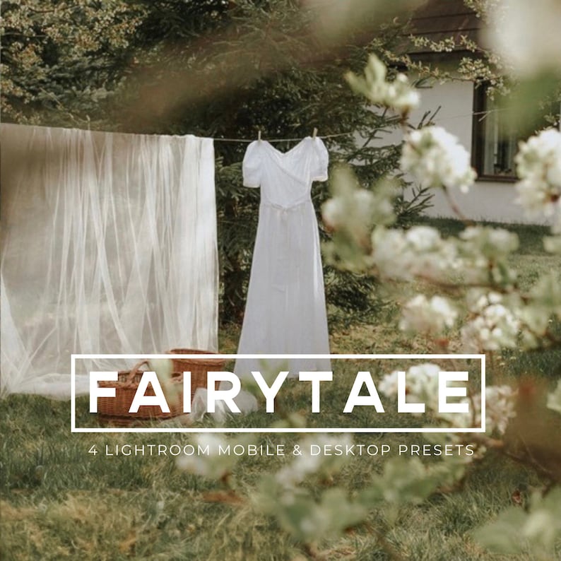 Op de afbeelding: Een witte jurk hangt aan een waslijn in een tuin. De jurk heeft een eenvoudig ontwerp met een ronde hals en korte mouwen. De jurk is omgeven door weelderig groen en witte bloemen. De tekst "FAIRYTALE" is over de afbeelding gelegd, samen met de tekst "4 LIGHTROOM MOBILE & DESKTOP PRESETS".