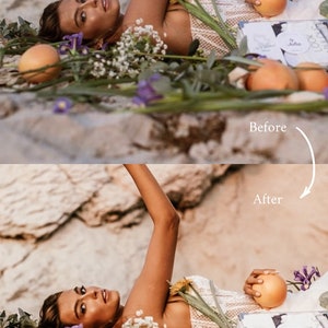 May include: A woman lies on a rocky surface surrounded by flowers and fruit. She is wearing a white dress with lace detailing. The image is split into two sections, with the top section labeled "Before" and the bottom section labeled "After".