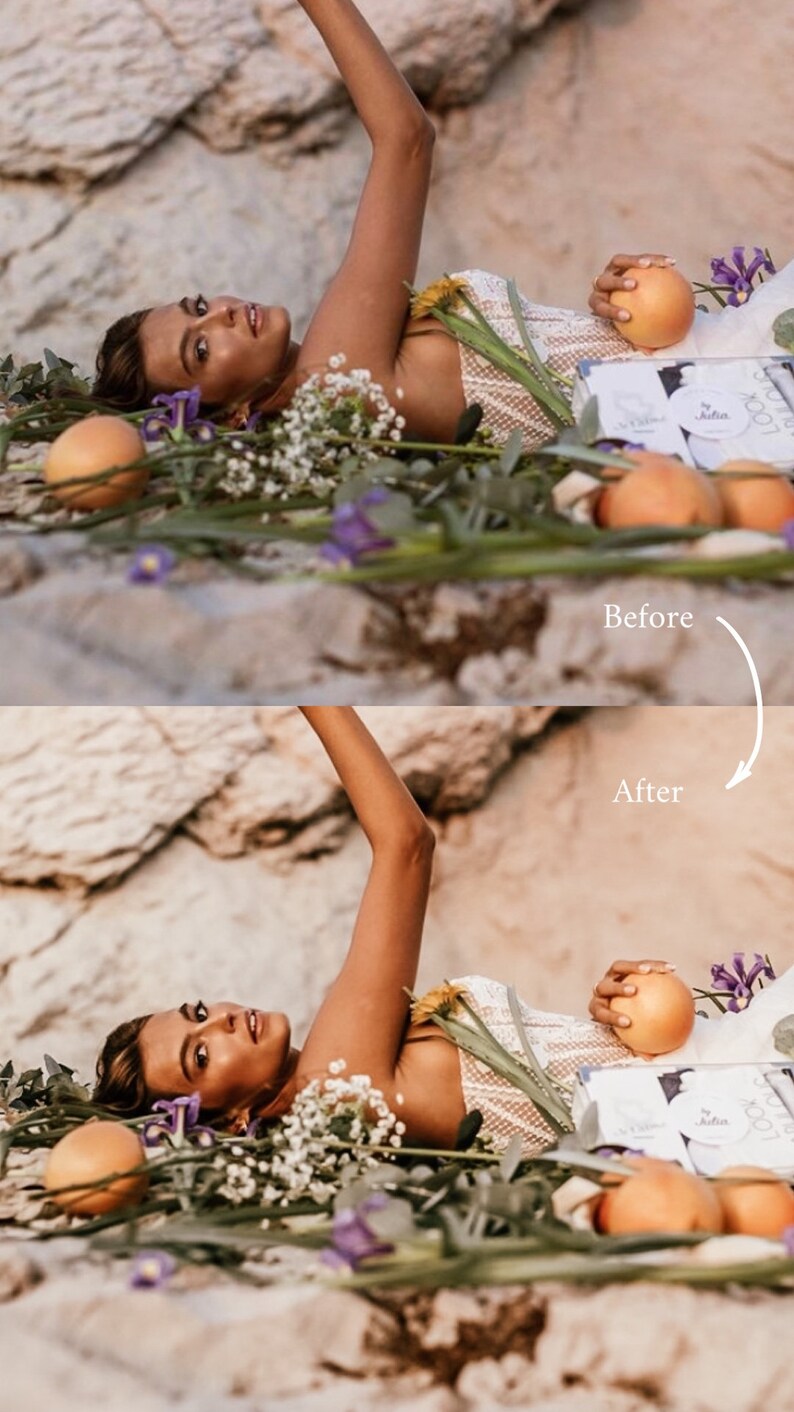 May include: A woman lies on a rocky surface surrounded by flowers and fruit. She is wearing a white dress with lace detailing. The image is split into two sections, with the top section labeled "Before" and the bottom section labeled "After".