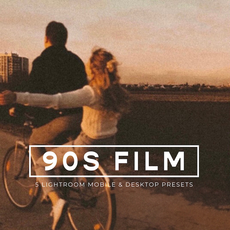 May include: A couple rides a bicycle down a road at sunset. The image has a vintage film aesthetic. The text "90s FILM 5 LIGHTROOM MOBILE & DESKTOP PRESETS" is at the bottom of the image.