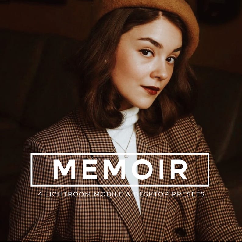 May include: A woman wearing a brown and white plaid blazer with a brown beret. The text "MEMOIR 4 LIGHTROOM MOBILE & DESKTOP PRESETS" is on the image.