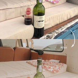 May include: A before and after image of the back of a vintage van. The before image shows a dirty, worn back seat with a bottle of red wine and a glass of red wine. The after image shows the same back seat, but it has been cleaned and the back seat is now white. The bottle of red wine and glass of red wine are still on the seat.