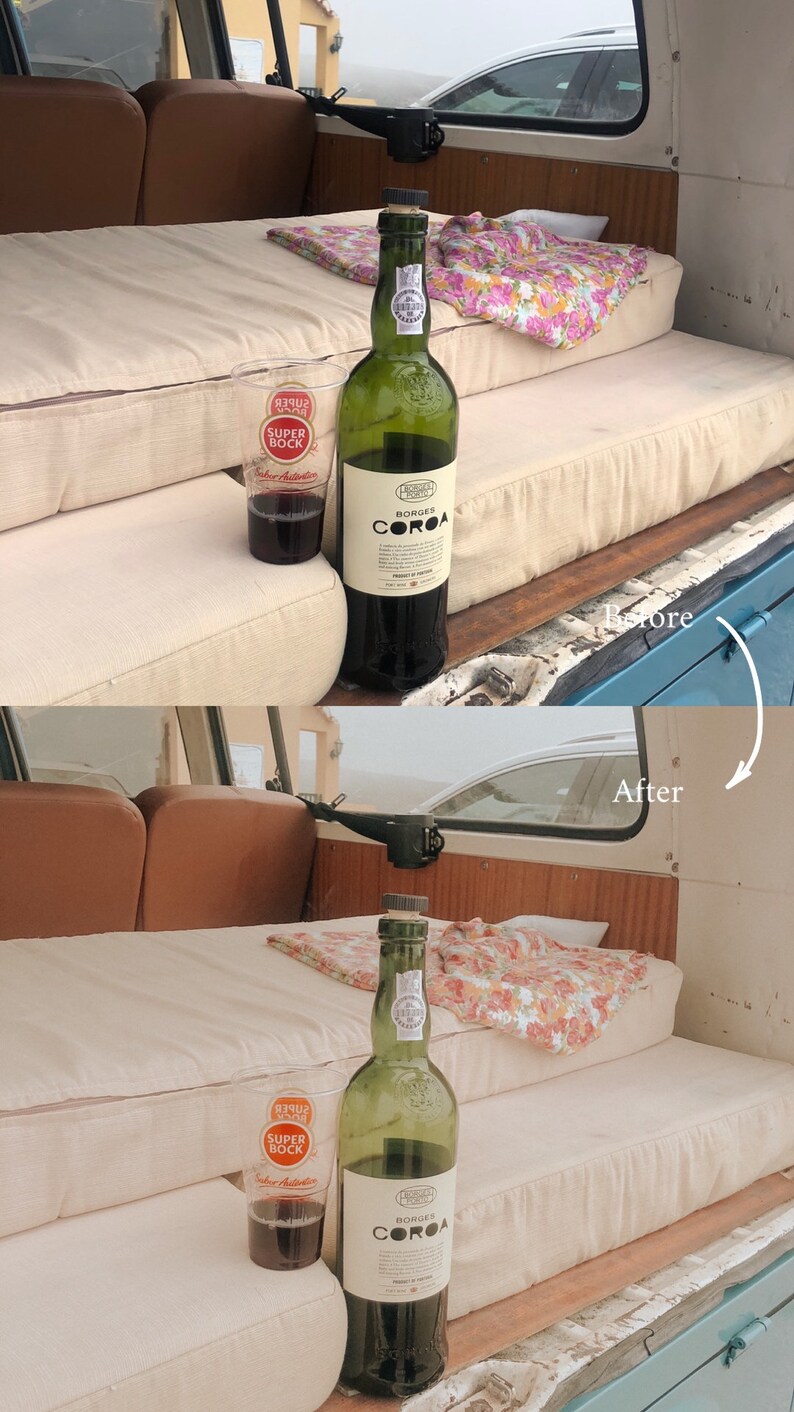 May include: A before and after image of the back of a vintage van. The before image shows a dirty, worn back seat with a bottle of red wine and a glass of red wine. The after image shows the same back seat, but it has been cleaned and the back seat is now white. The bottle of red wine and glass of red wine are still on the seat.