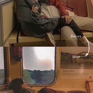 May include: A couple sits on a train, the woman is leaning against the window and the man is resting his head on her shoulder. The window shows a view of trees and a cloudy sky. The train has a sign that says "Музей на колесах" which translates to "Museum on Wheels".
