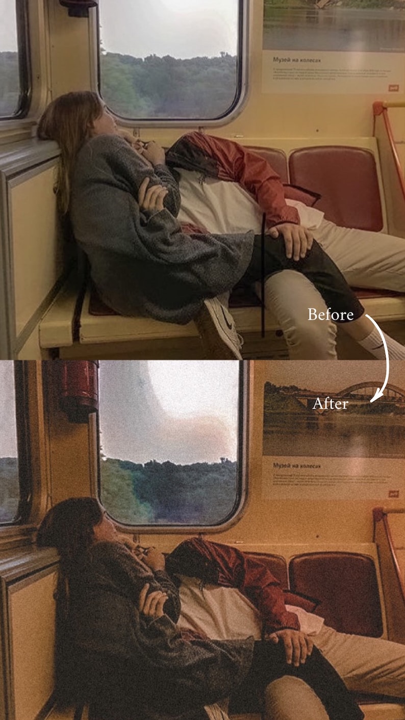 May include: A couple sits on a train, the woman is leaning against the window and the man is resting his head on her shoulder. The window shows a view of trees and a cloudy sky. The train has a sign that says "Музей на колесах" which translates to "Museum on Wheels".