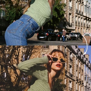 May include: A woman wearing a green cable knit sweater and blue jeans poses in front of a city building. She is wearing sunglasses and has her hair pulled back. The image is split in half, with the top half showing the original image and the bottom half showing the image after a filter has been applied.