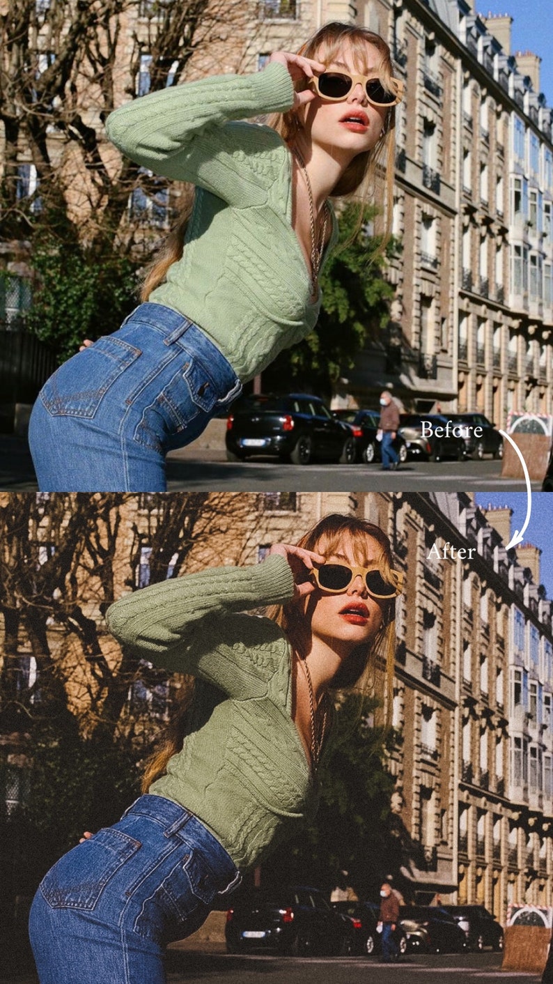 May include: A woman wearing a green cable knit sweater and blue jeans poses in front of a city building. She is wearing sunglasses and has her hair pulled back. The image is split in half, with the top half showing the original image and the bottom half showing the image after a filter has been applied.