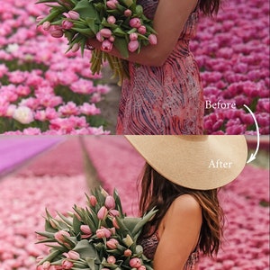 May include: A woman wearing a straw hat and a pink and white patterned dress holds a bouquet of pink tulips in a field of pink flowers. The image shows the difference between a before and after photo edit.